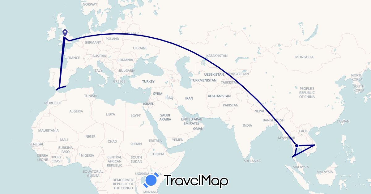 TravelMap itinerary: driving in Spain, United Kingdom, Thailand, Vietnam (Asia, Europe)