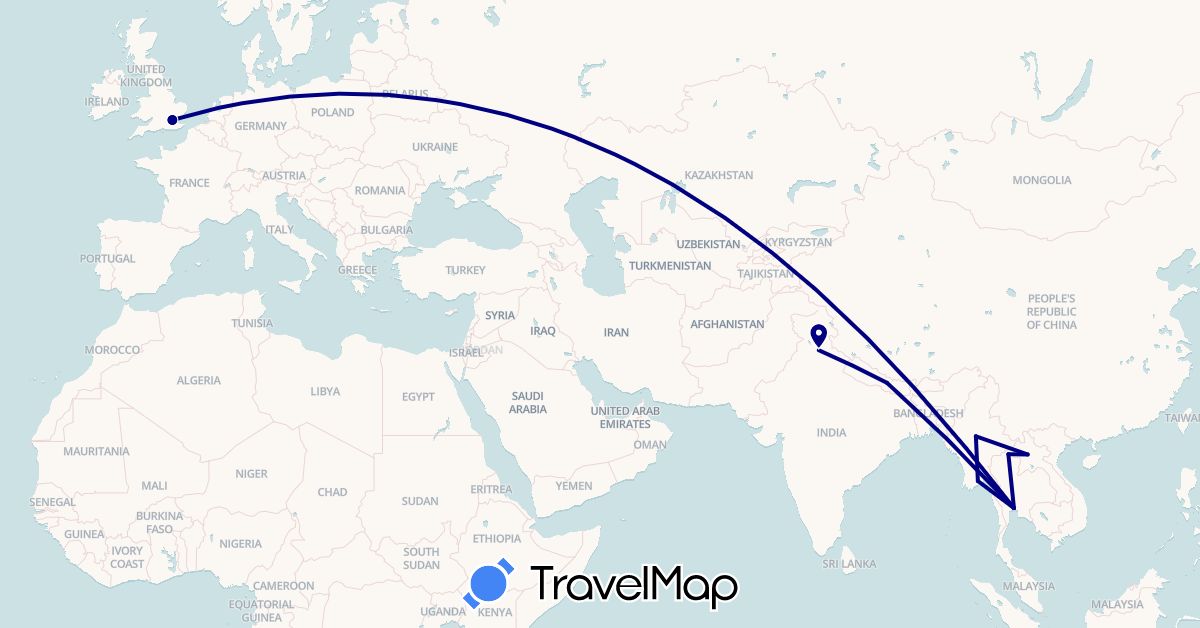 TravelMap itinerary: driving in United Kingdom, India, Laos, Myanmar (Burma), Nepal, Thailand (Asia, Europe)
